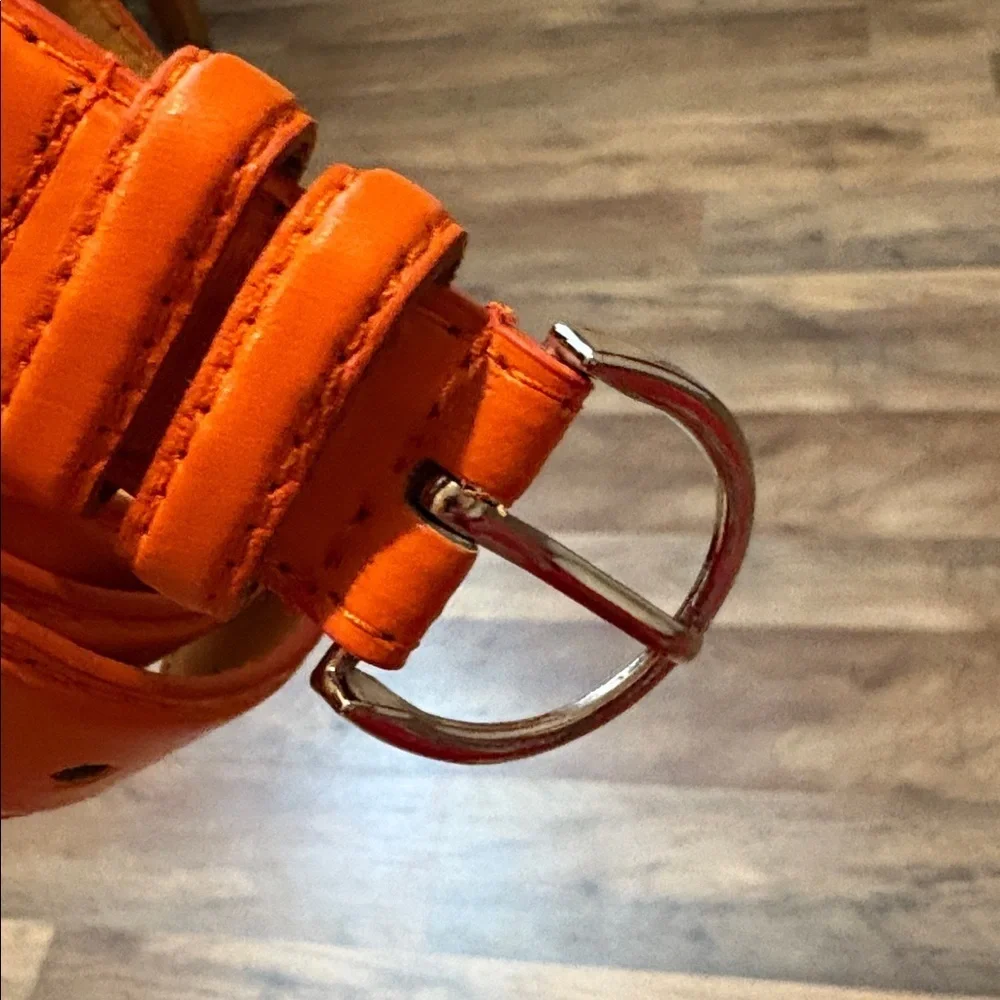 Bright Orange Genuine Leather Vintage 90s Belt Silver Buckle Large 36/38/40 - Picture 10 of 15